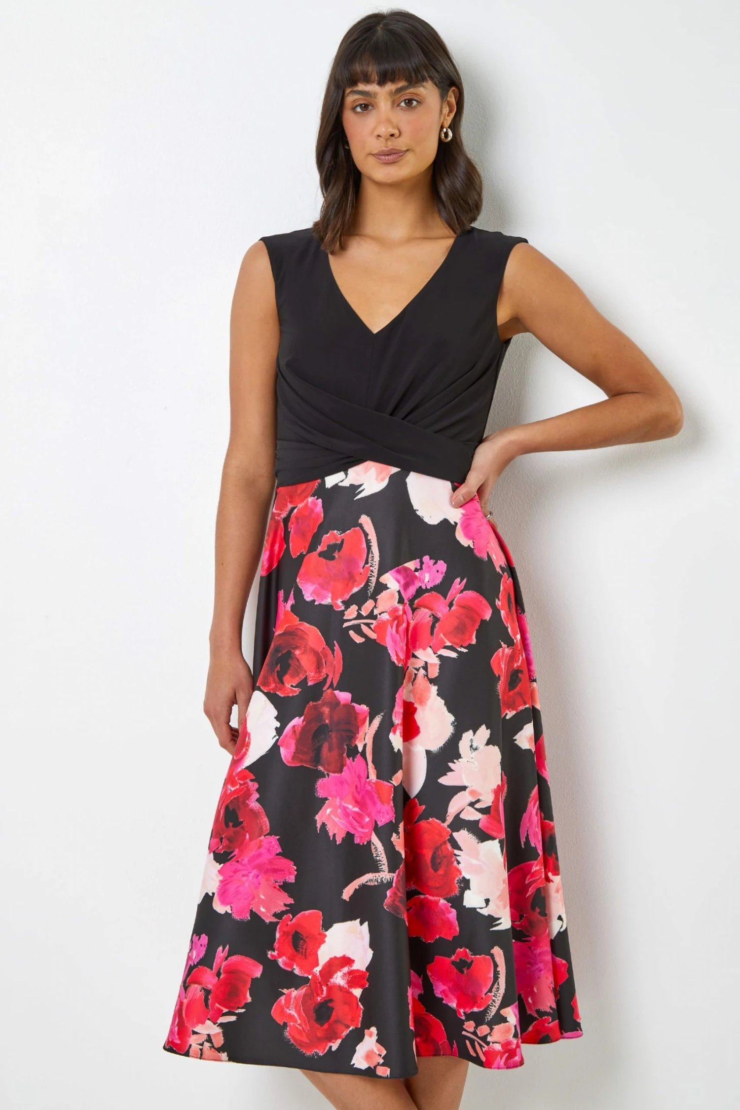 Roman Black & Pink Floral Print Twist Detail Fit & Flare Dress 3 Roman Black & Pink Floral Print Twist Detail Fit & Flare Dress