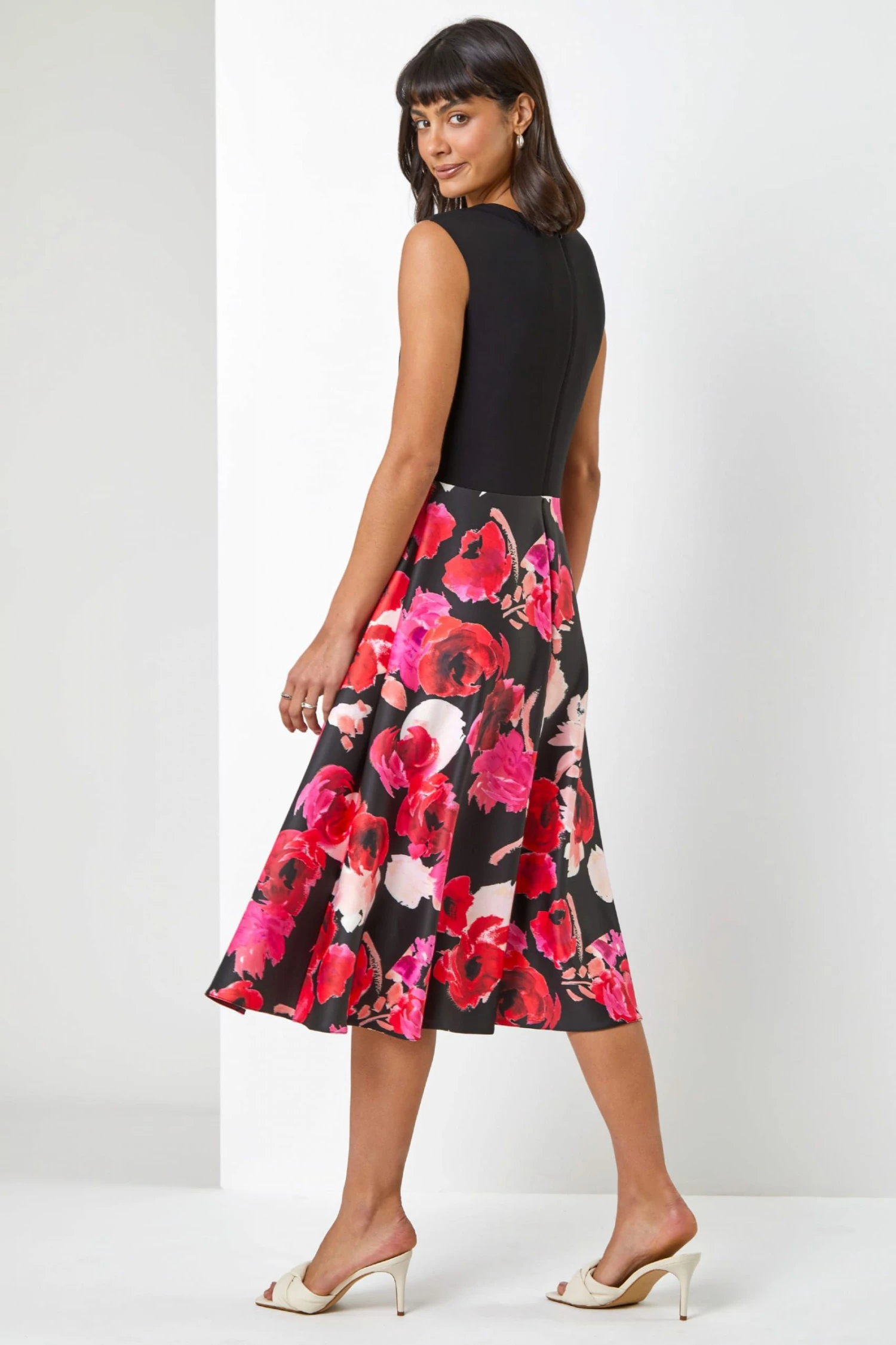 Roman Black & Pink Floral Print Twist Detail Fit & Flare Dress 4 Roman Black & Pink Floral Print Twist Detail Fit & Flare Dress - Image 2