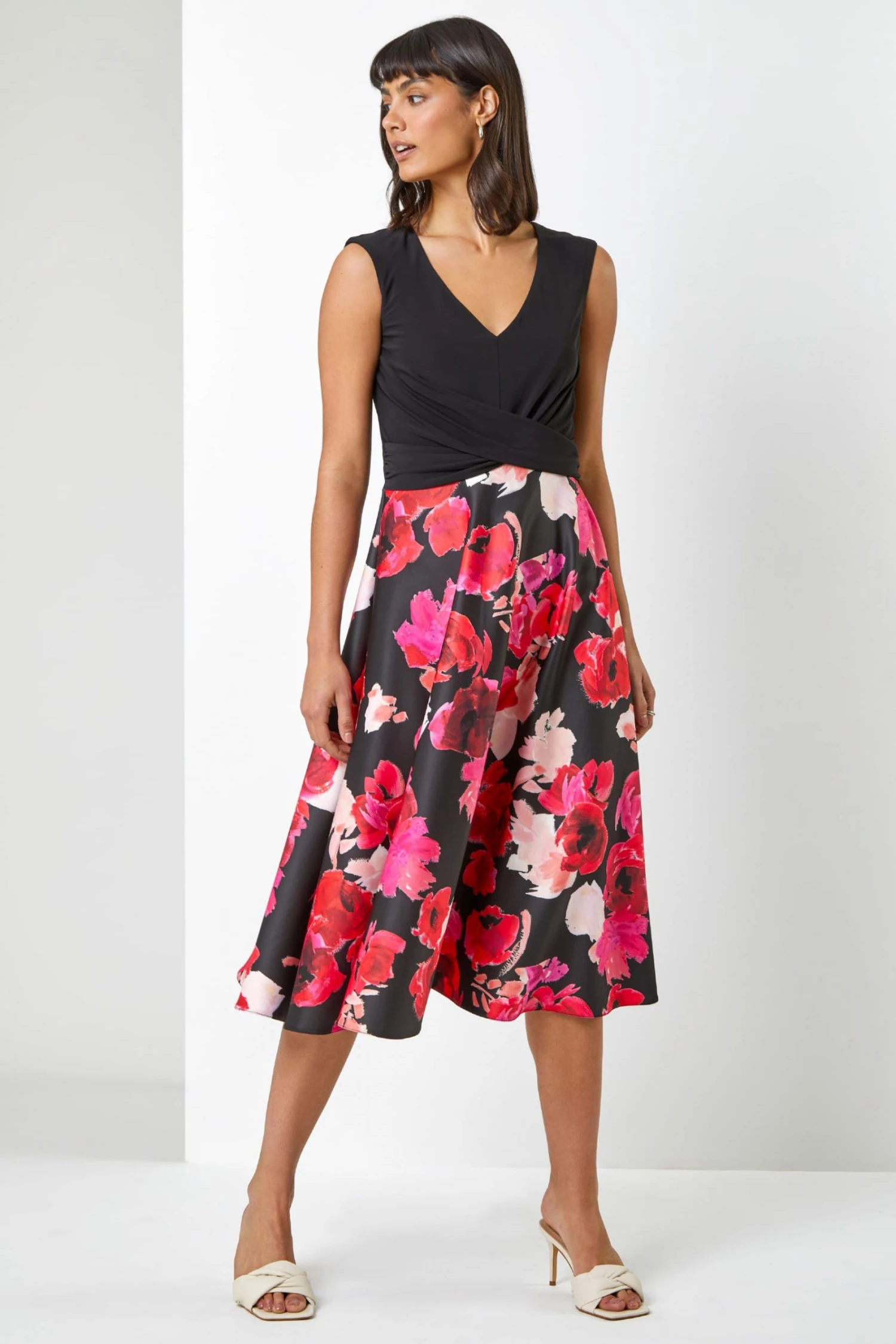 Roman Black & Pink Floral Print Twist Detail Fit & Flare Dress 5 Roman Black & Pink Floral Print Twist Detail Fit & Flare Dress - Image 3