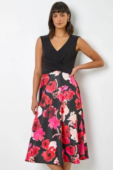 Roman Black & Pink Floral Print Twist Detail Fit & Flare Dress 7 Roman Black & Pink Floral Print Twist Detail Fit & Flare Dress - Image 5