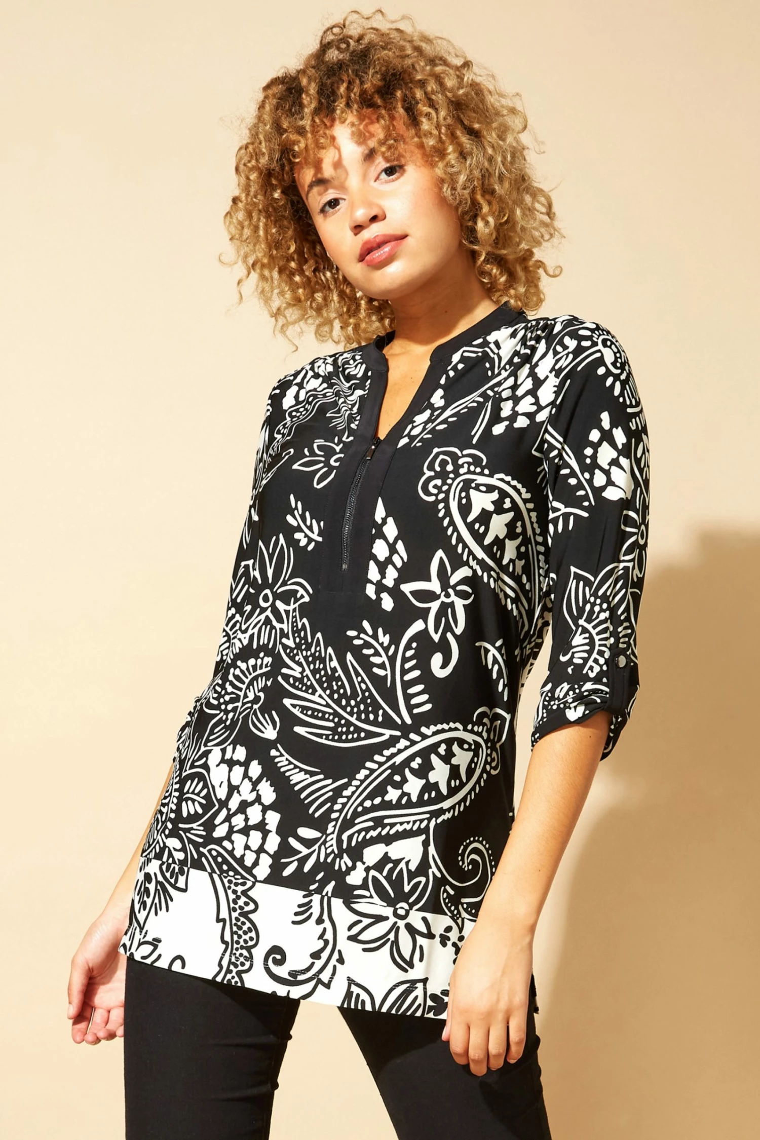 Roman Black Originals Contrast Paisley Print Zip Detail Top 3 Roman Black Originals Contrast Paisley Print Zip Detail Top