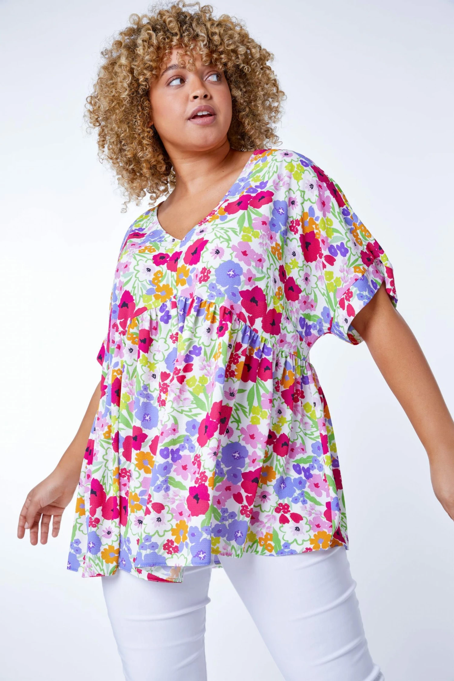 Roman White Multi Curve Floral Gathered Smock Top 3 Roman White Multi Curve Floral Gathered Smock Top