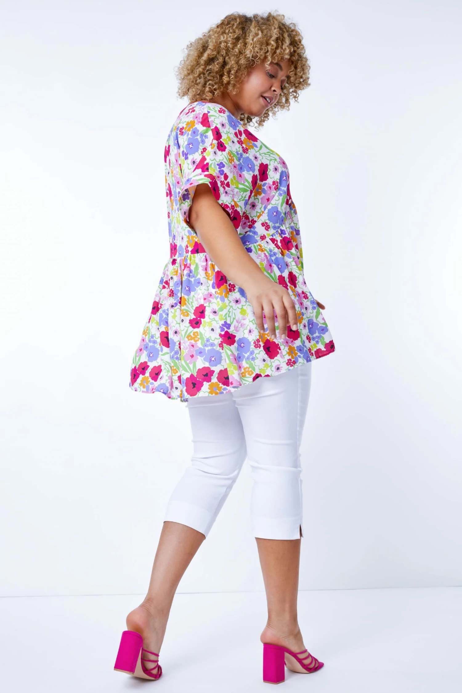 Roman White Multi Curve Floral Gathered Smock Top 4 Roman White Multi Curve Floral Gathered Smock Top - Image 2