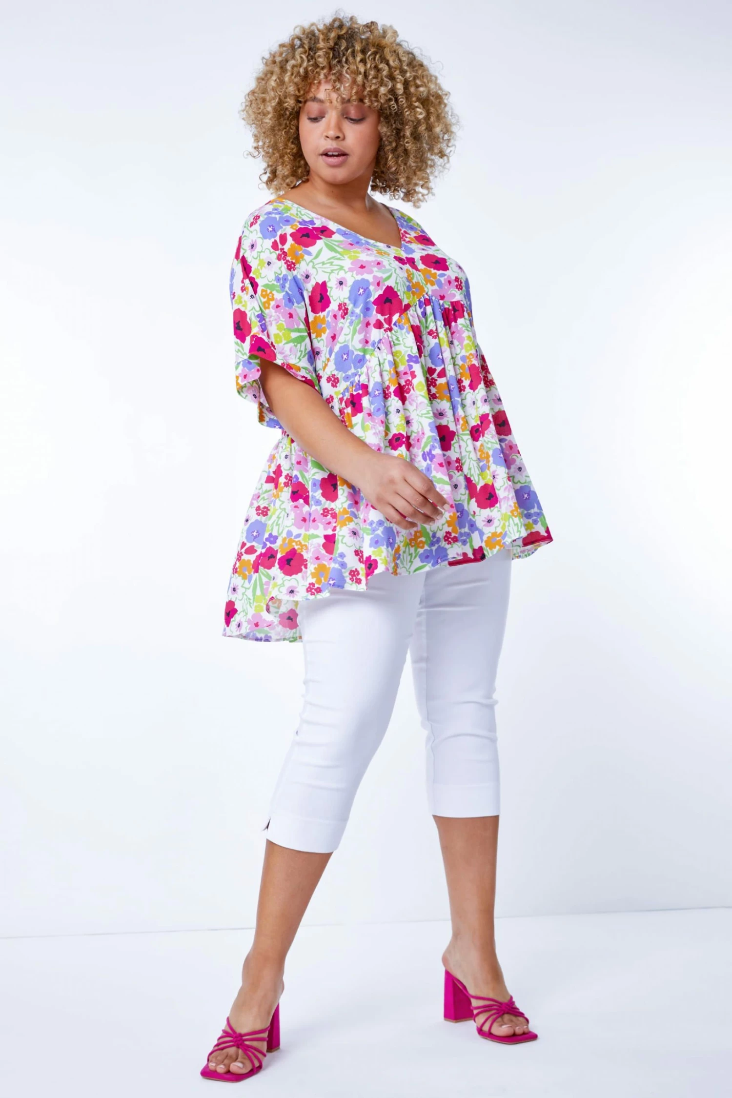 Roman White Multi Curve Floral Gathered Smock Top 5 Roman White Multi Curve Floral Gathered Smock Top - Image 3