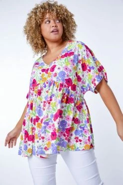 Roman White Multi Curve Floral Gathered Smock Top 13 Roman White Multi Curve Floral Gathered Smock Top -Roman Sales Shop unnamed file 13362