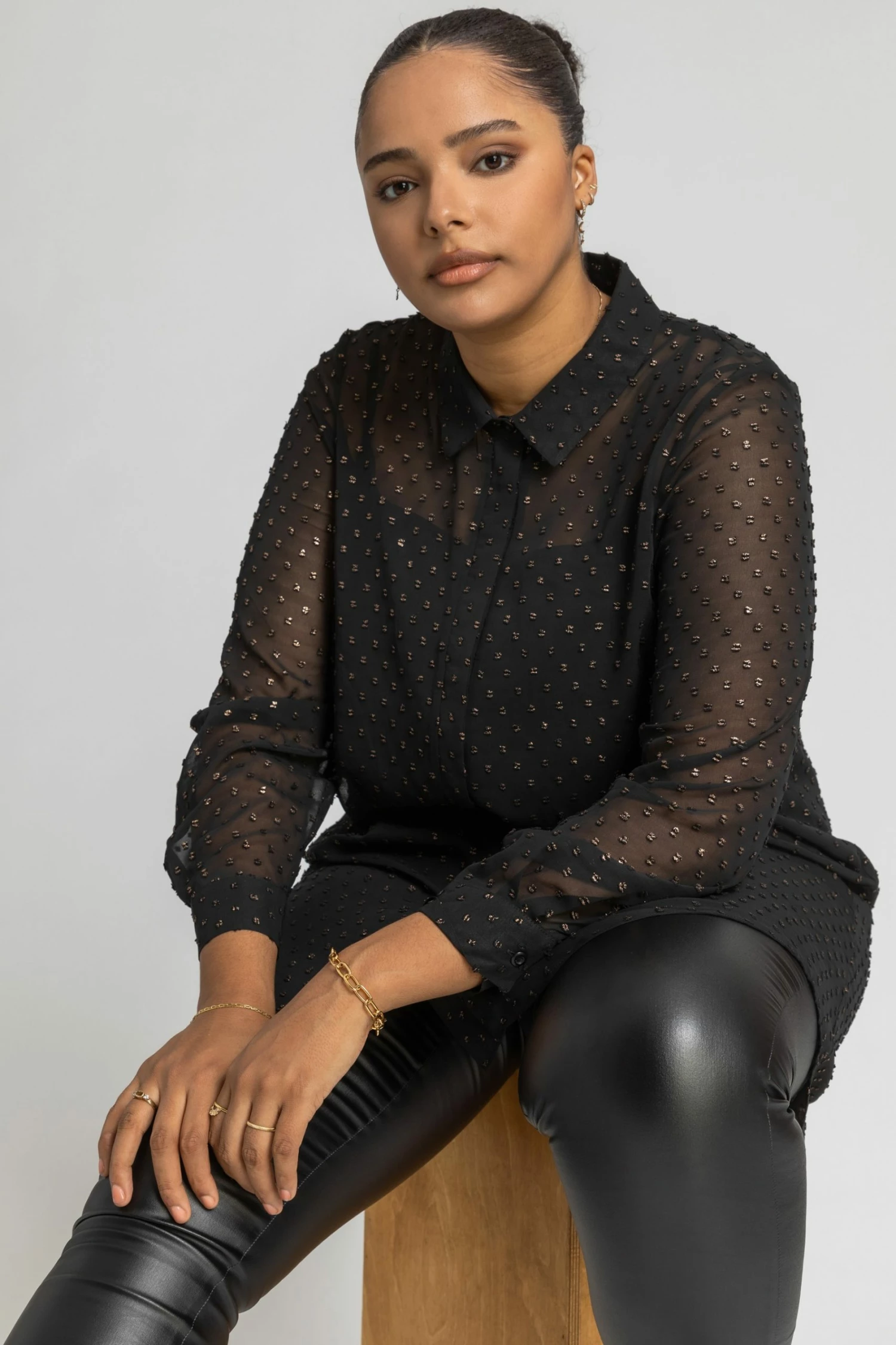 Roman Black Curve Textured Spot Shimmer Blouse 7 Roman Black Curve Textured Spot Shimmer Blouse - Image 5