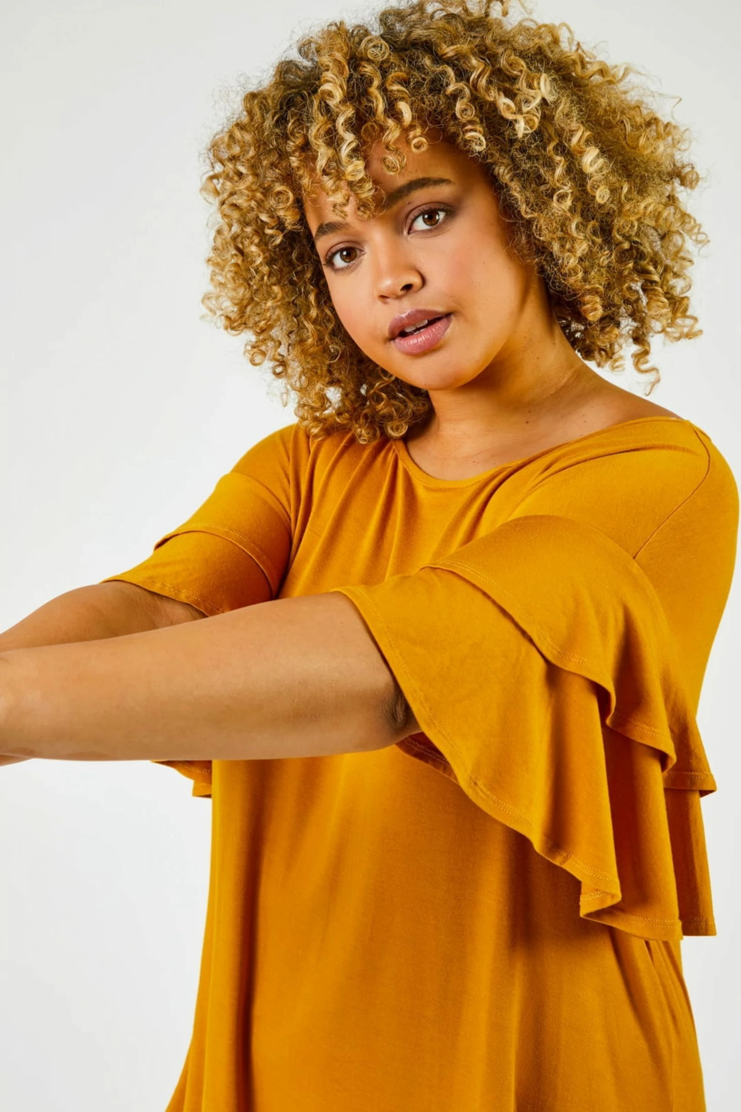 Roman Yellow Curve Plain Frill Sleeve Detail Tee 3 Roman Yellow Curve Plain Frill Sleeve Detail Tee