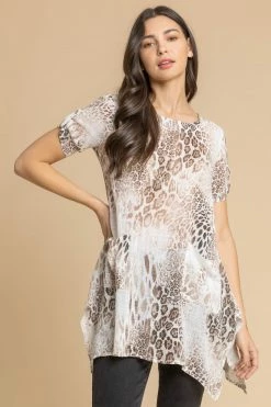 Roman Brown Animal Print Hanky Hem Top