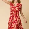 Roman Red Floral Drawstring Tie Detail Dress
