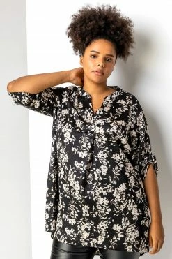 Roman Black Curve Split Detail Floral Top