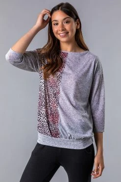 Roman Grey Contrast Animal Print Lounge Top