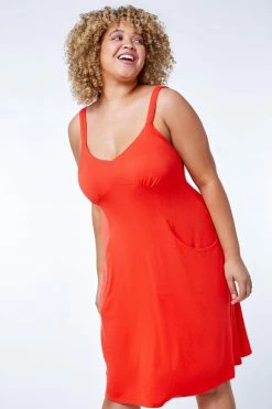 Roman Orange Curve Strappy Pocket Sun Dress
