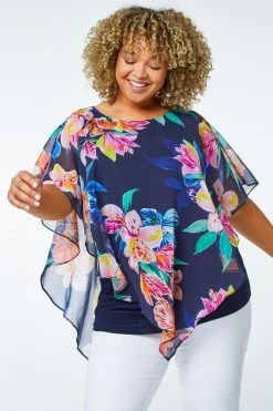 Roman Blue Curve Floral Print Chiffon Overlay Top