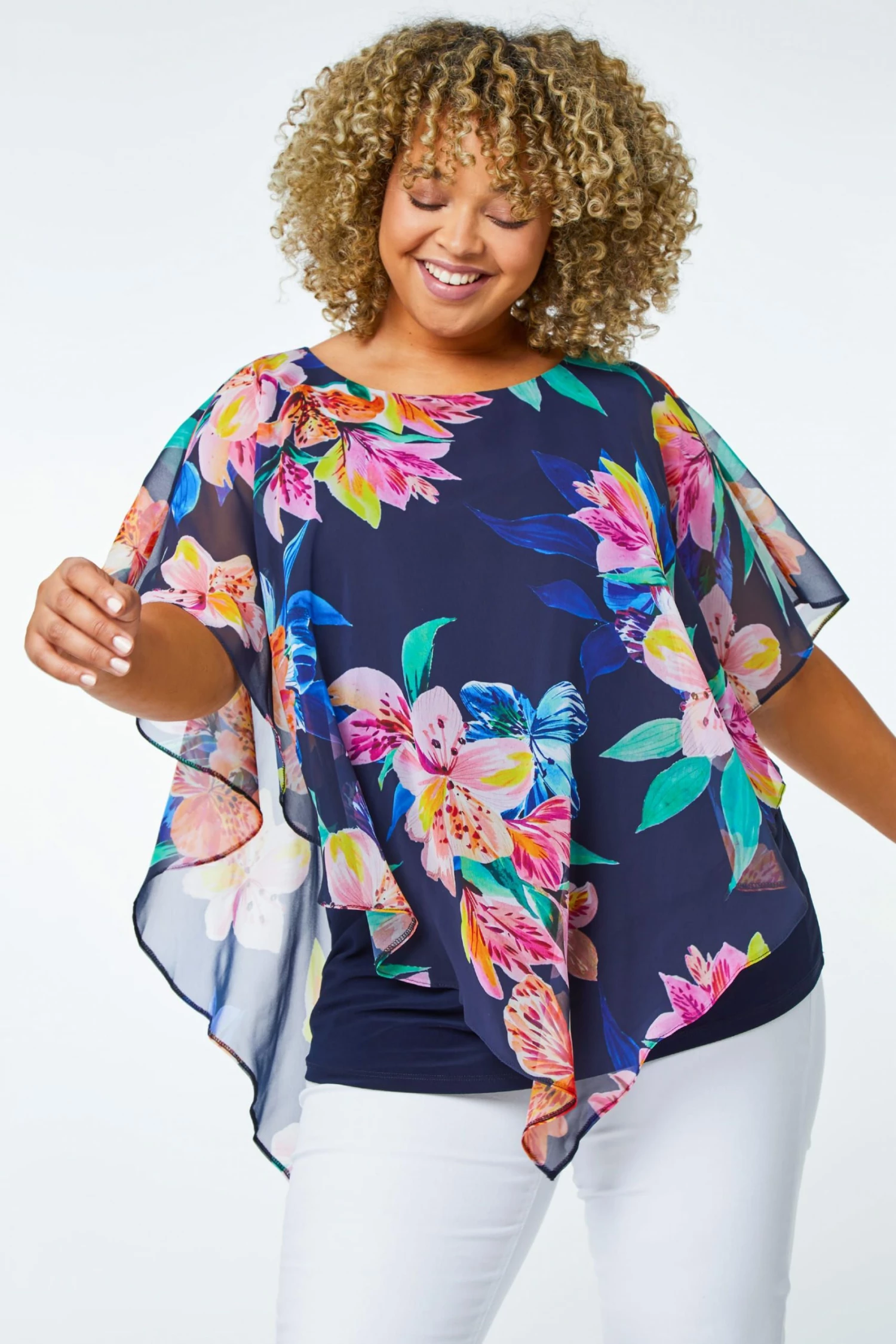 Roman Blue Curve Floral Print Chiffon Overlay Top 3 Roman Blue Curve Floral Print Chiffon Overlay Top