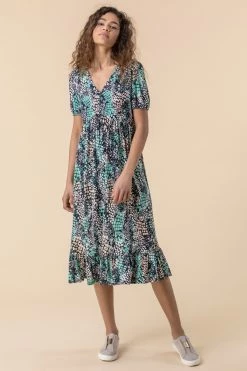 Roman Blue Abstract Snake Print Tiered Dress