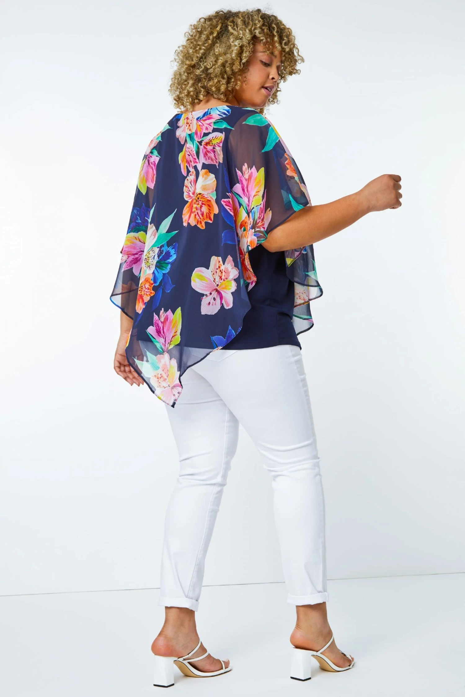 Roman Blue Curve Floral Print Chiffon Overlay Top 4 Roman Blue Curve Floral Print Chiffon Overlay Top - Image 2