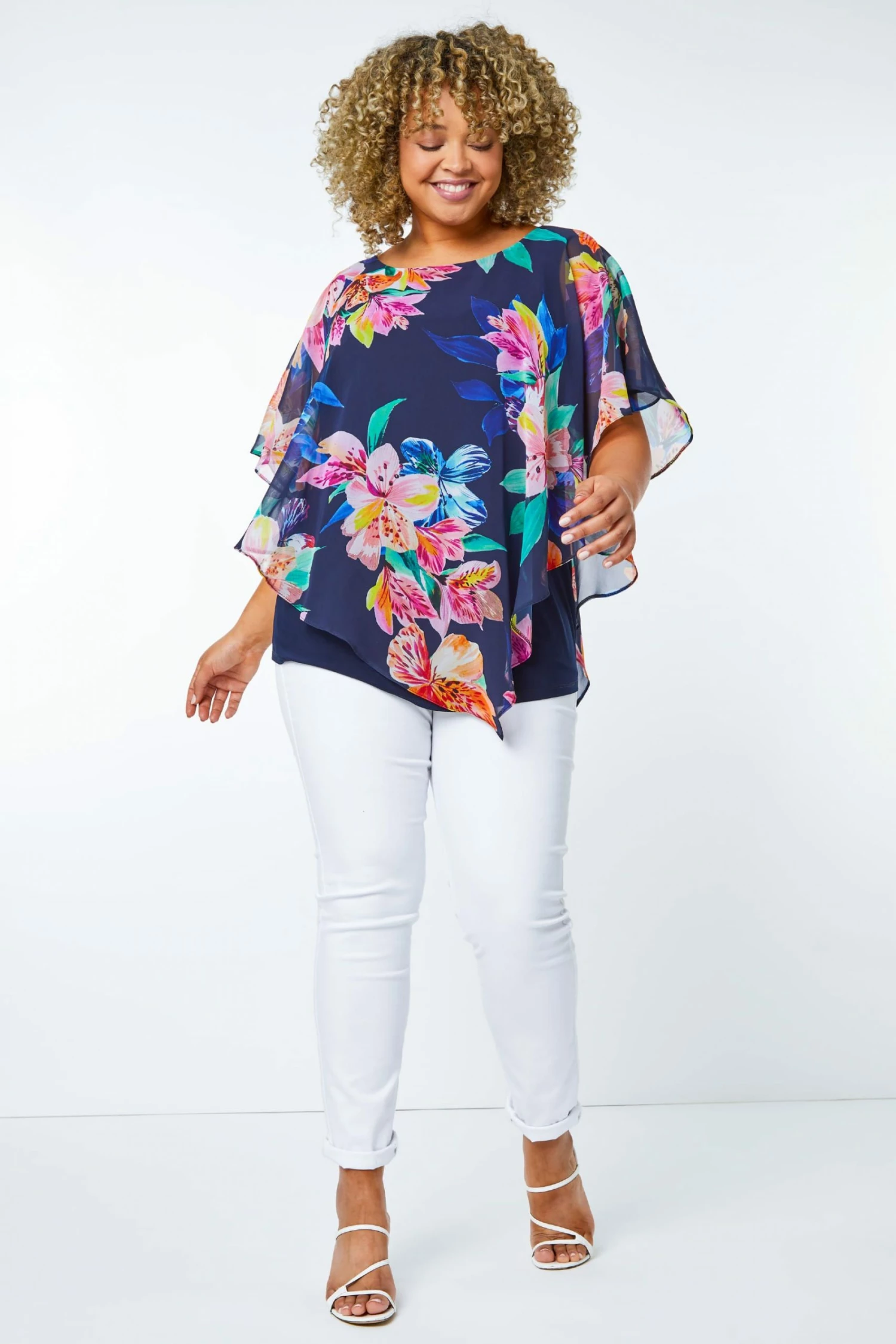 Roman Blue Curve Floral Print Chiffon Overlay Top 5 Roman Blue Curve Floral Print Chiffon Overlay Top - Image 3
