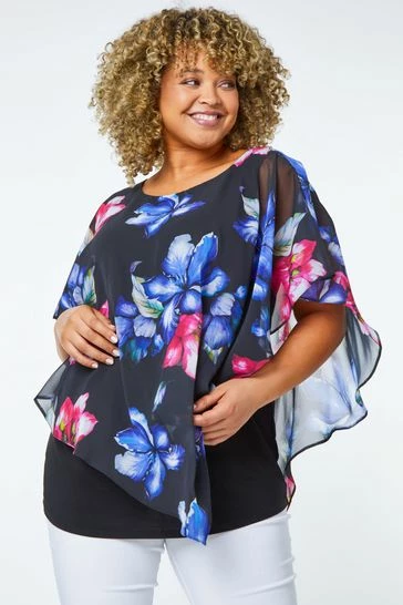 Roman Blue Curve Floral Print Chiffon Overlay Top 9 Roman Blue Curve Floral Print Chiffon Overlay Top - Image 7