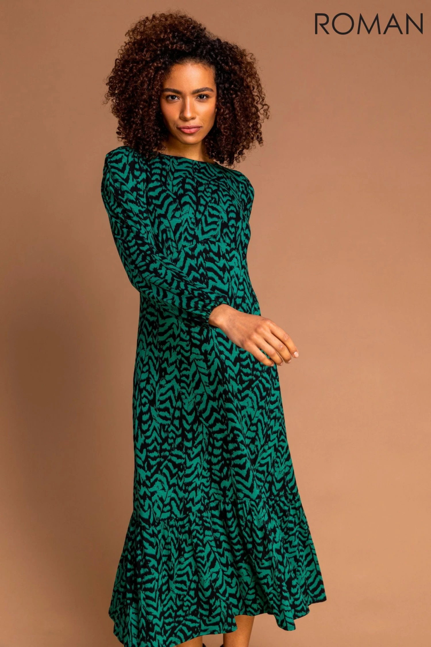 Roman Green Animal Print Tiered Midi Dress 3 Roman Green Animal Print Tiered Midi Dress