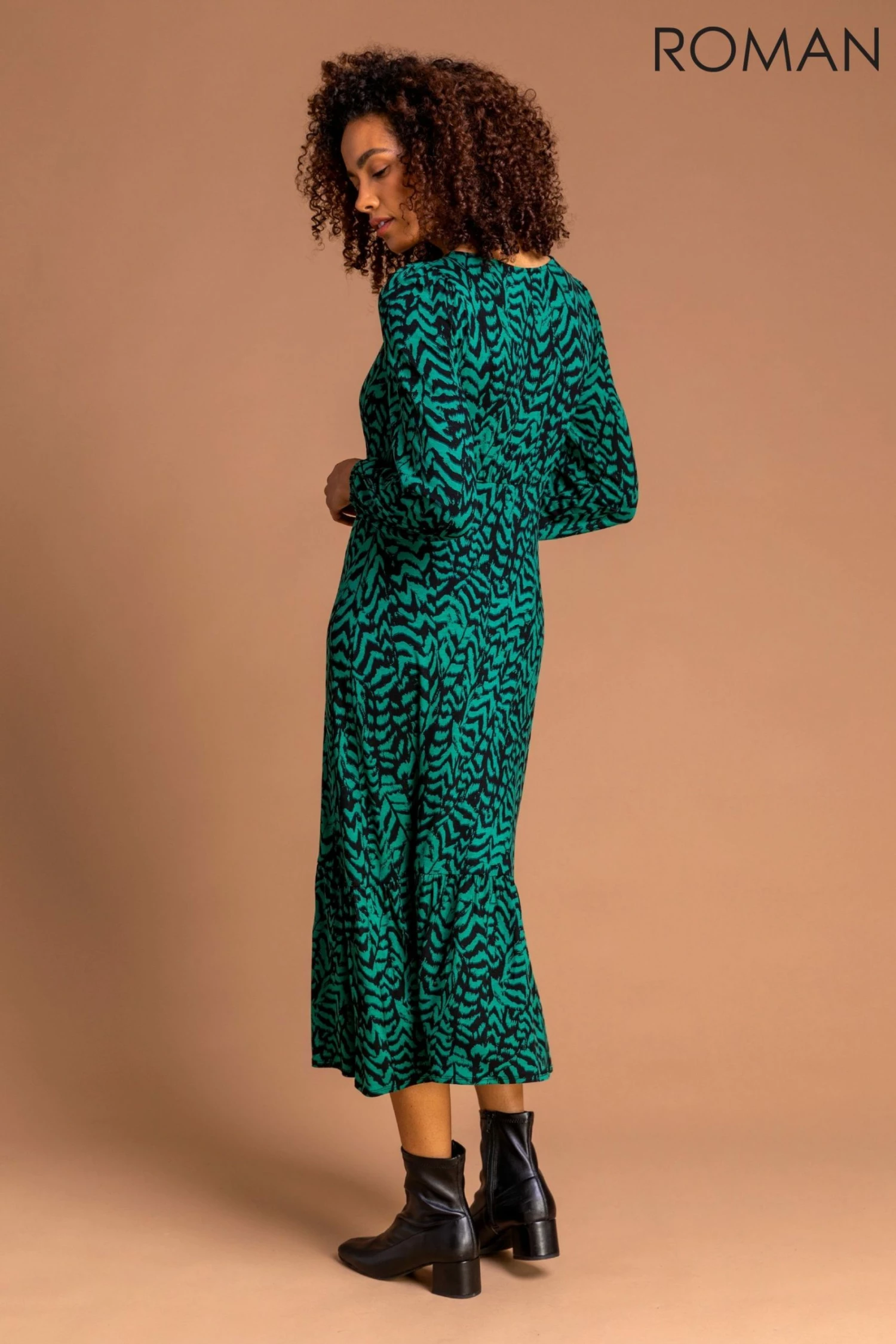 Roman Green Animal Print Tiered Midi Dress 4 Roman Green Animal Print Tiered Midi Dress - Image 2