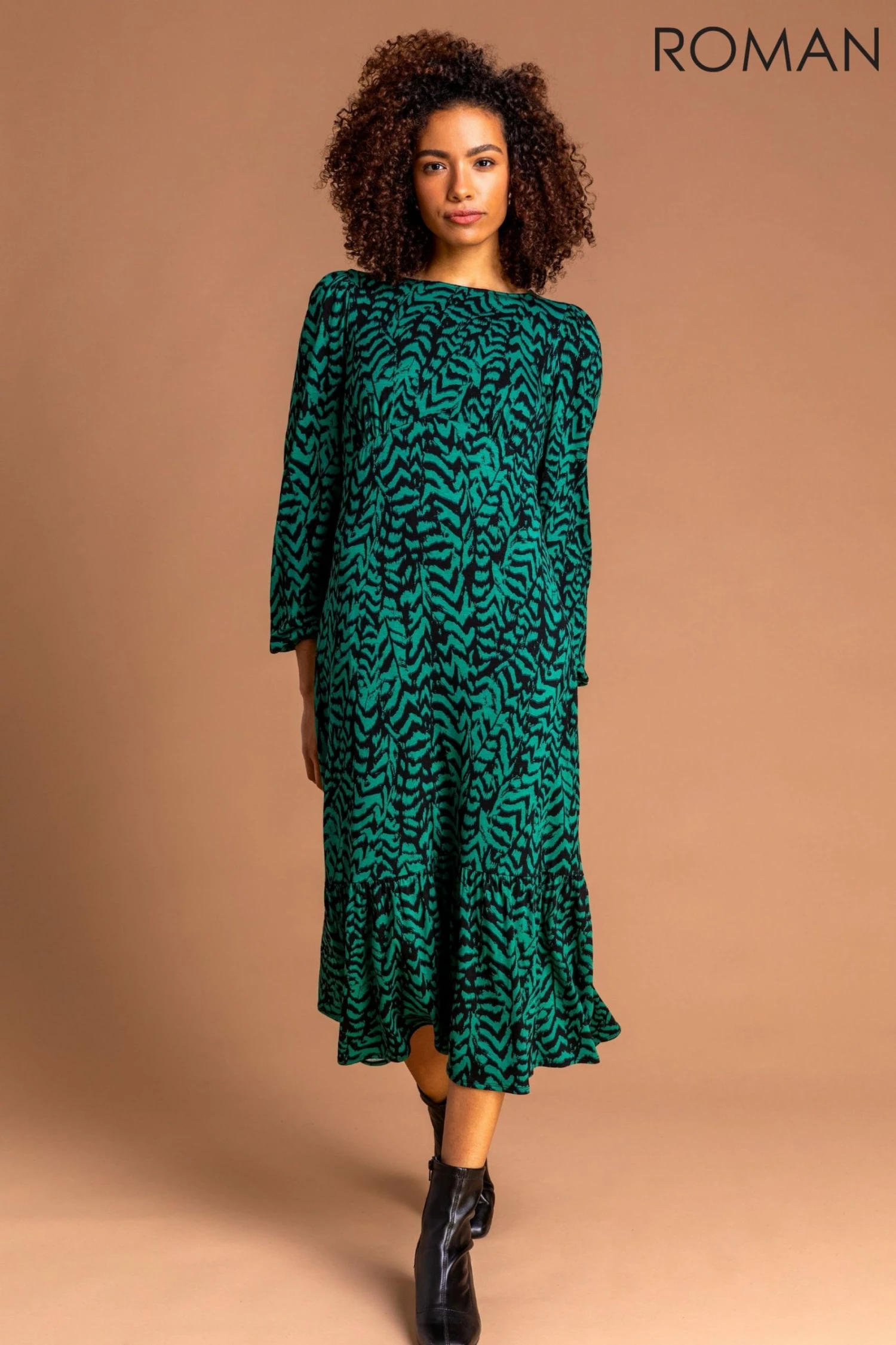 Roman Green Animal Print Tiered Midi Dress 5 Roman Green Animal Print Tiered Midi Dress - Image 3