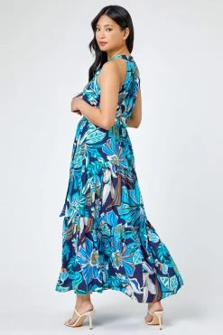 Roman Blue Petite Floral Print Halter Neck Tiered Dress -Roman Sales Shop unnamed file 1355