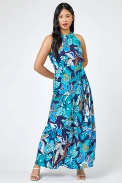 Roman Blue Petite Floral Print Halter Neck Tiered Dress -Roman Sales Shop unnamed file 1356
