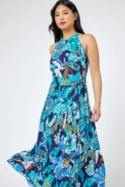 Roman Blue Petite Floral Print Halter Neck Tiered Dress -Roman Sales Shop unnamed file 1358