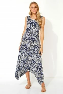 Roman Blue Contrast Print Hanky Hem Midi Dress