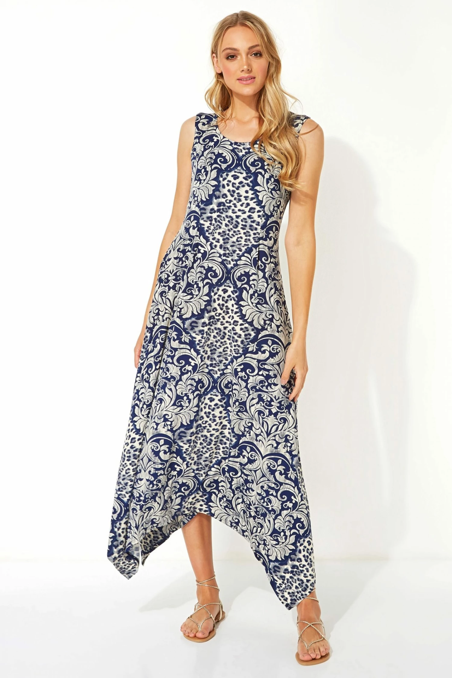 Roman Blue Contrast Print Hanky Hem Midi Dress 3 Roman Blue Contrast Print Hanky Hem Midi Dress