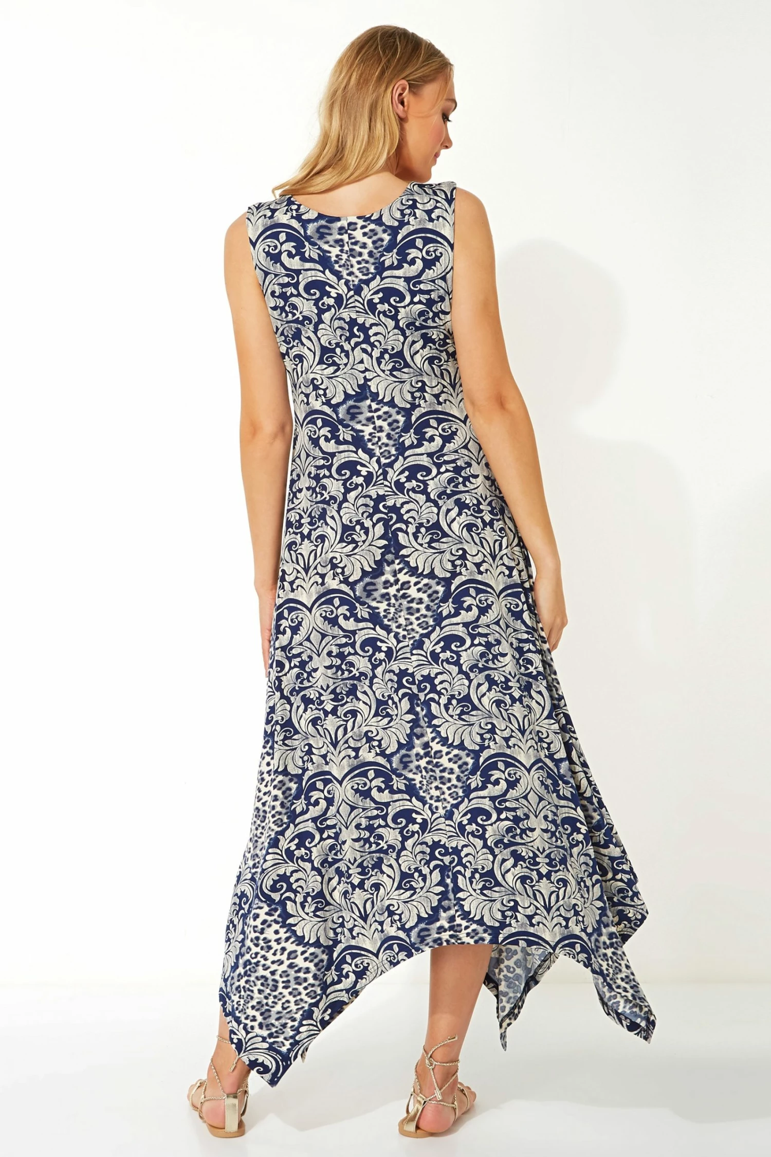 Roman Blue Contrast Print Hanky Hem Midi Dress 4 Roman Blue Contrast Print Hanky Hem Midi Dress - Image 2