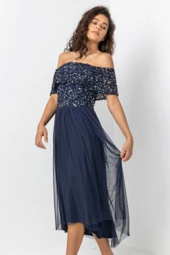 Roman Blue Bardot Sequin Midi Dress