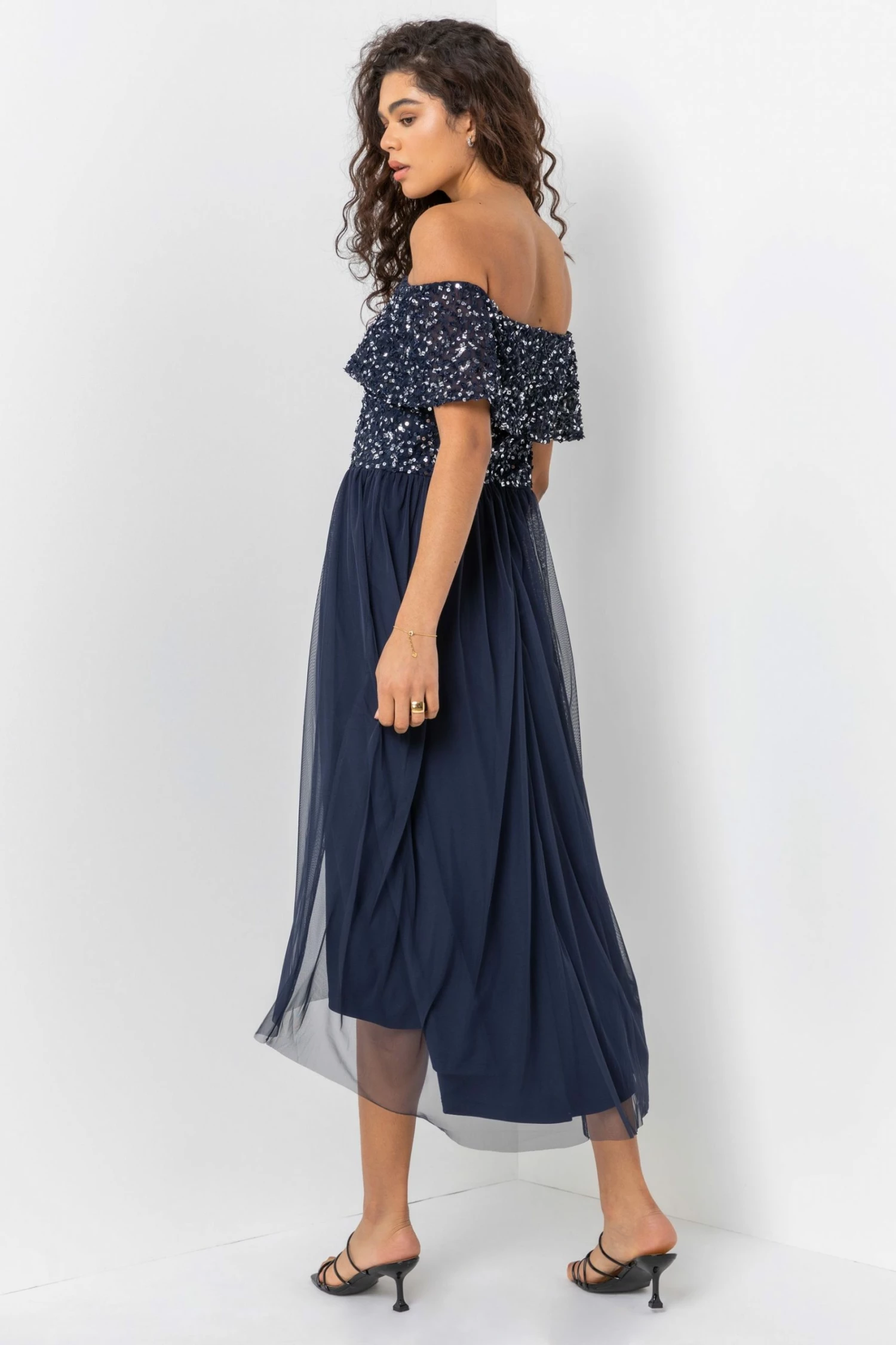 Roman Blue Bardot Sequin Midi Dress 4 Roman Blue Bardot Sequin Midi Dress - Image 2