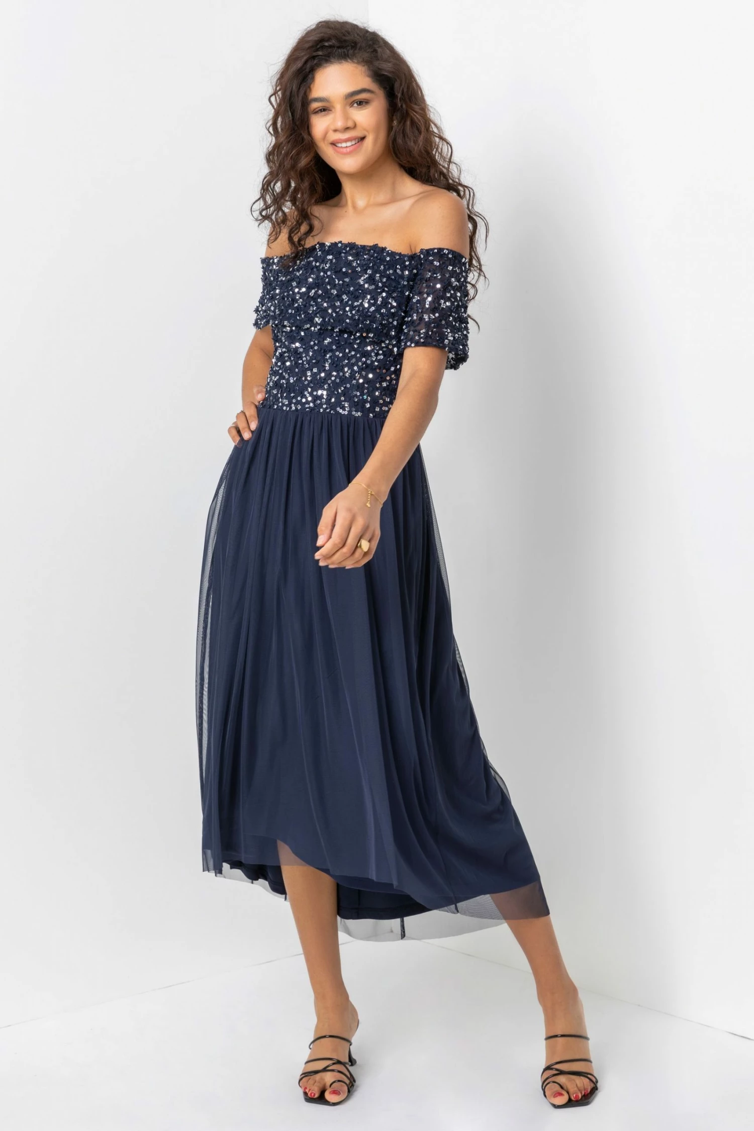 Roman Blue Bardot Sequin Midi Dress 5 Roman Blue Bardot Sequin Midi Dress - Image 3
