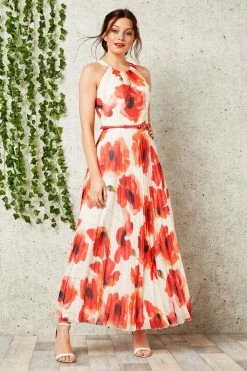 Roman Red Poppy Pleat Maxi Dress