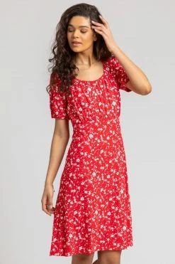 Roman Red Ditsy Floral Print Fit & Flare Dress