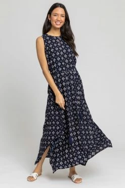 Roman Blue Geo Keyhole Detail Hanky Hem Dress