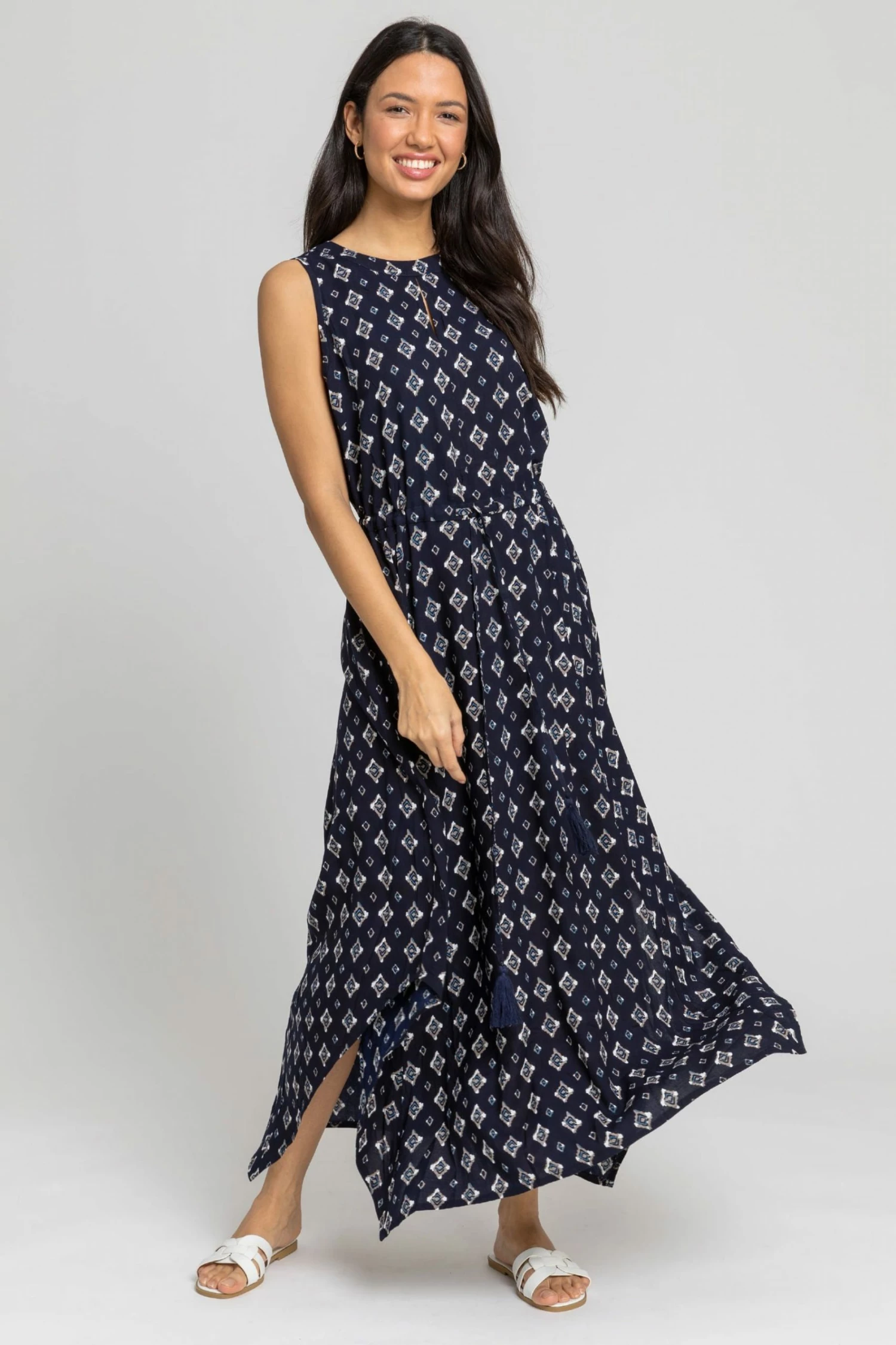 Roman Blue Geo Keyhole Detail Hanky Hem Dress 3 Roman Blue Geo Keyhole Detail Hanky Hem Dress