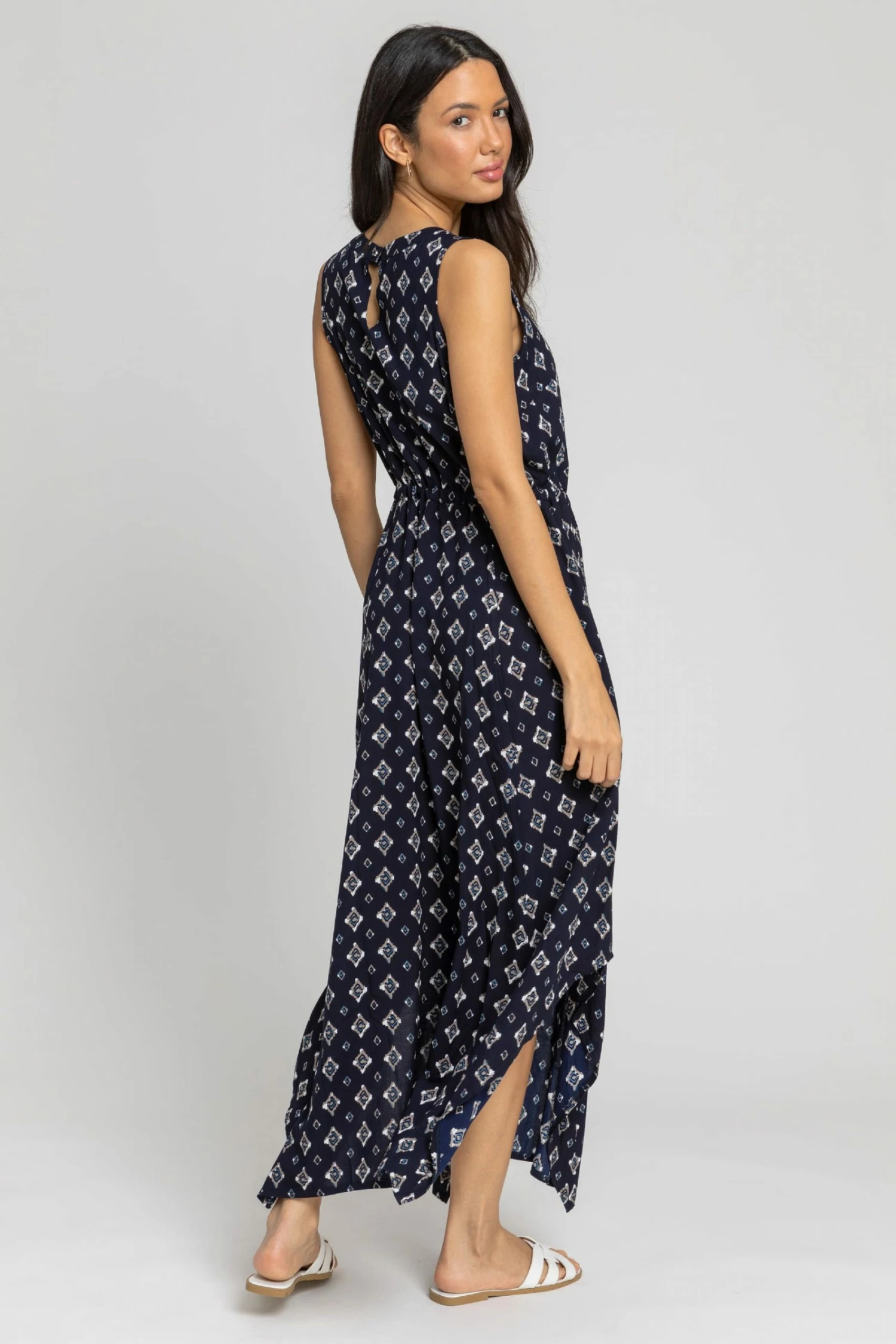 Roman Blue Geo Keyhole Detail Hanky Hem Dress 4 Roman Blue Geo Keyhole Detail Hanky Hem Dress - Image 2