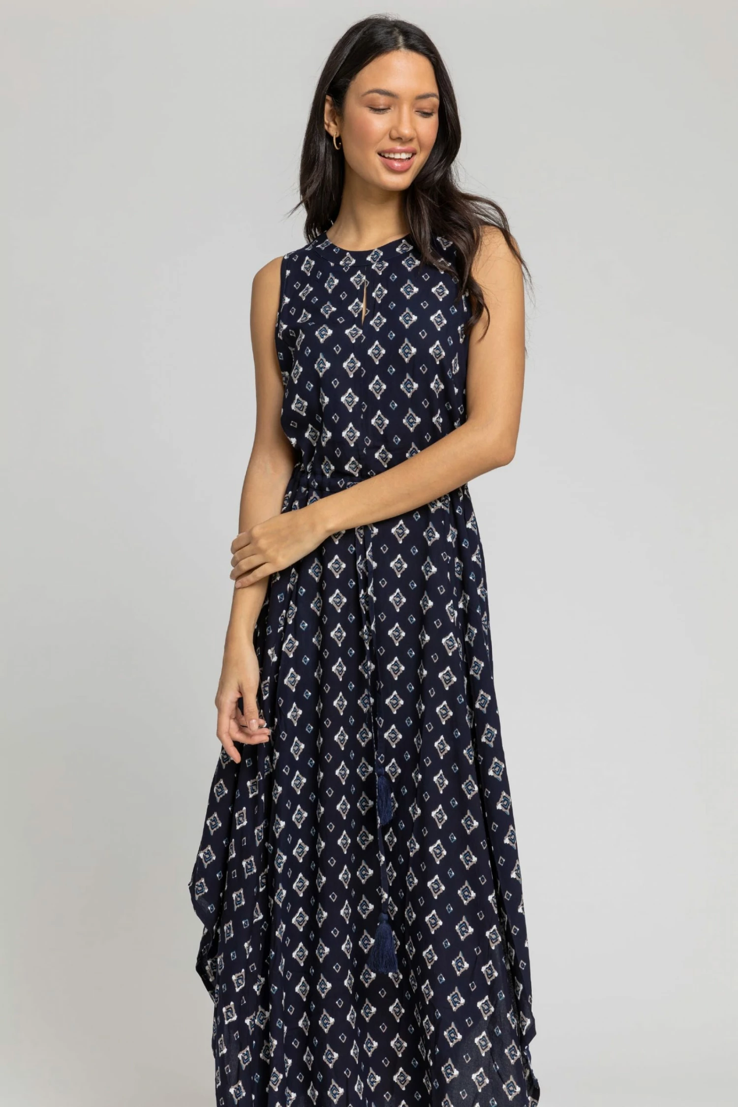 Roman Blue Geo Keyhole Detail Hanky Hem Dress 5 Roman Blue Geo Keyhole Detail Hanky Hem Dress - Image 3