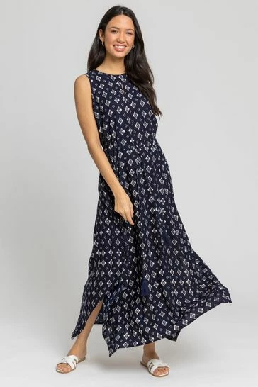 Roman Blue Geo Keyhole Detail Hanky Hem Dress 7 Roman Blue Geo Keyhole Detail Hanky Hem Dress - Image 5