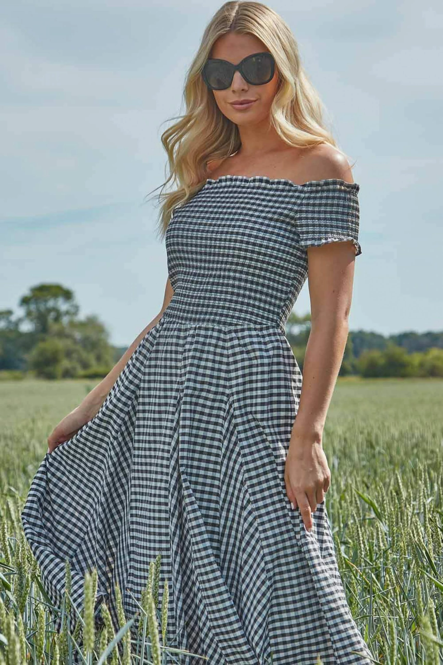 Roman Black Gingham Bardot Fit And Flare Dress 3 Roman Black Gingham Bardot Fit And Flare Dress