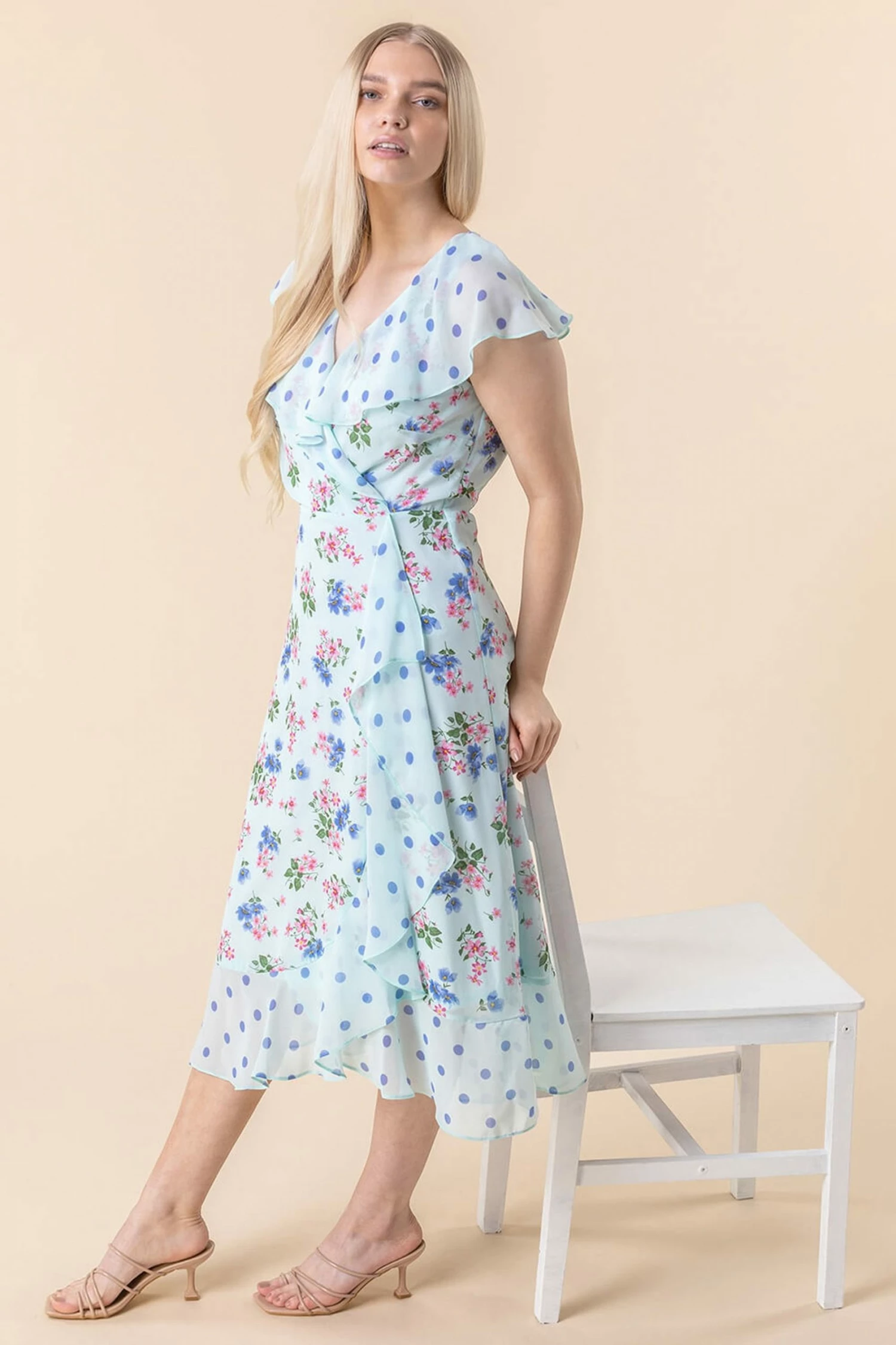 Roman Blue Floral Spot Print Frill Wrap Dress 3 Roman Blue Floral Spot Print Frill Wrap Dress