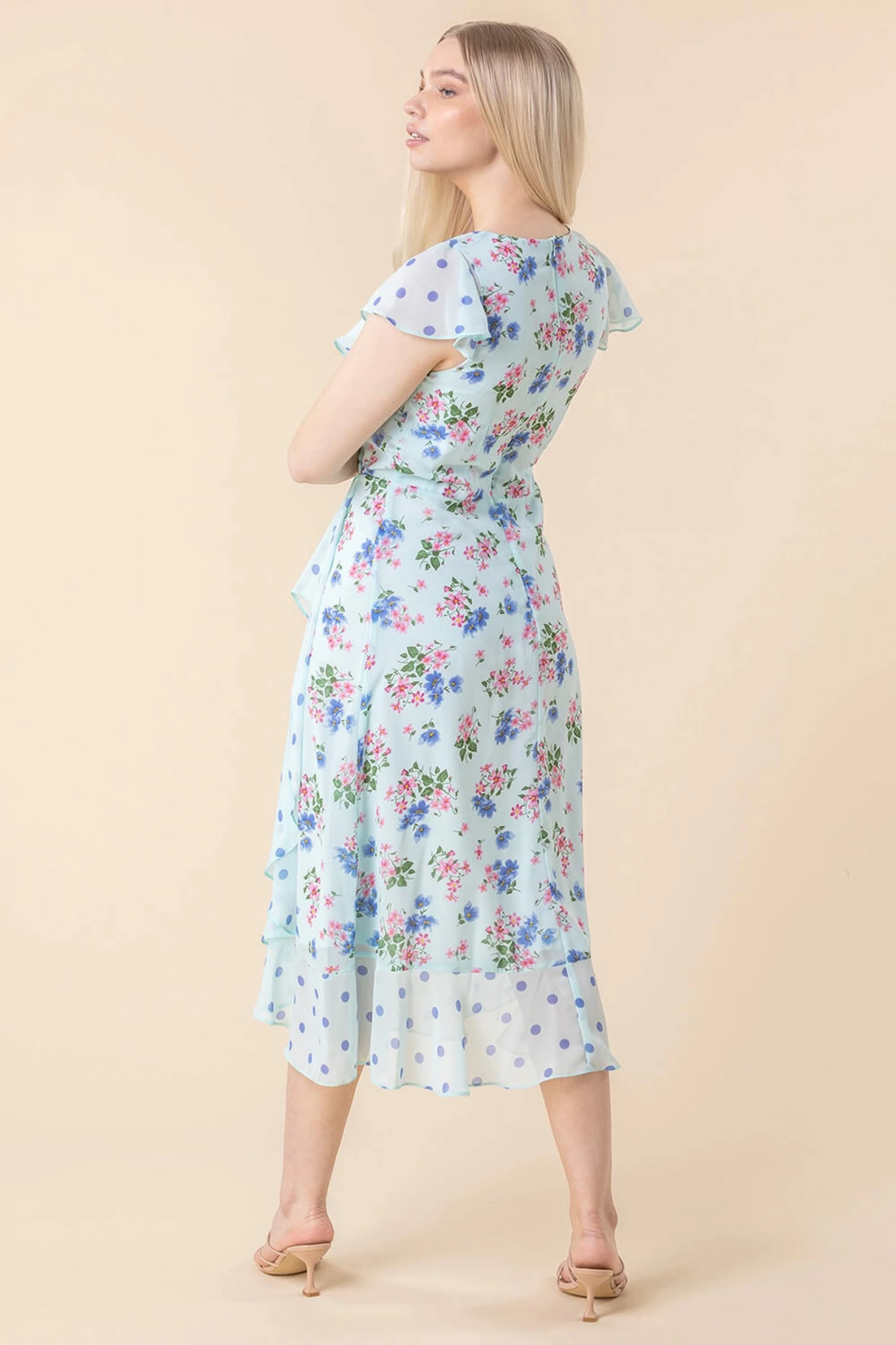 Roman Blue Floral Spot Print Frill Wrap Dress 4 Roman Blue Floral Spot Print Frill Wrap Dress - Image 2