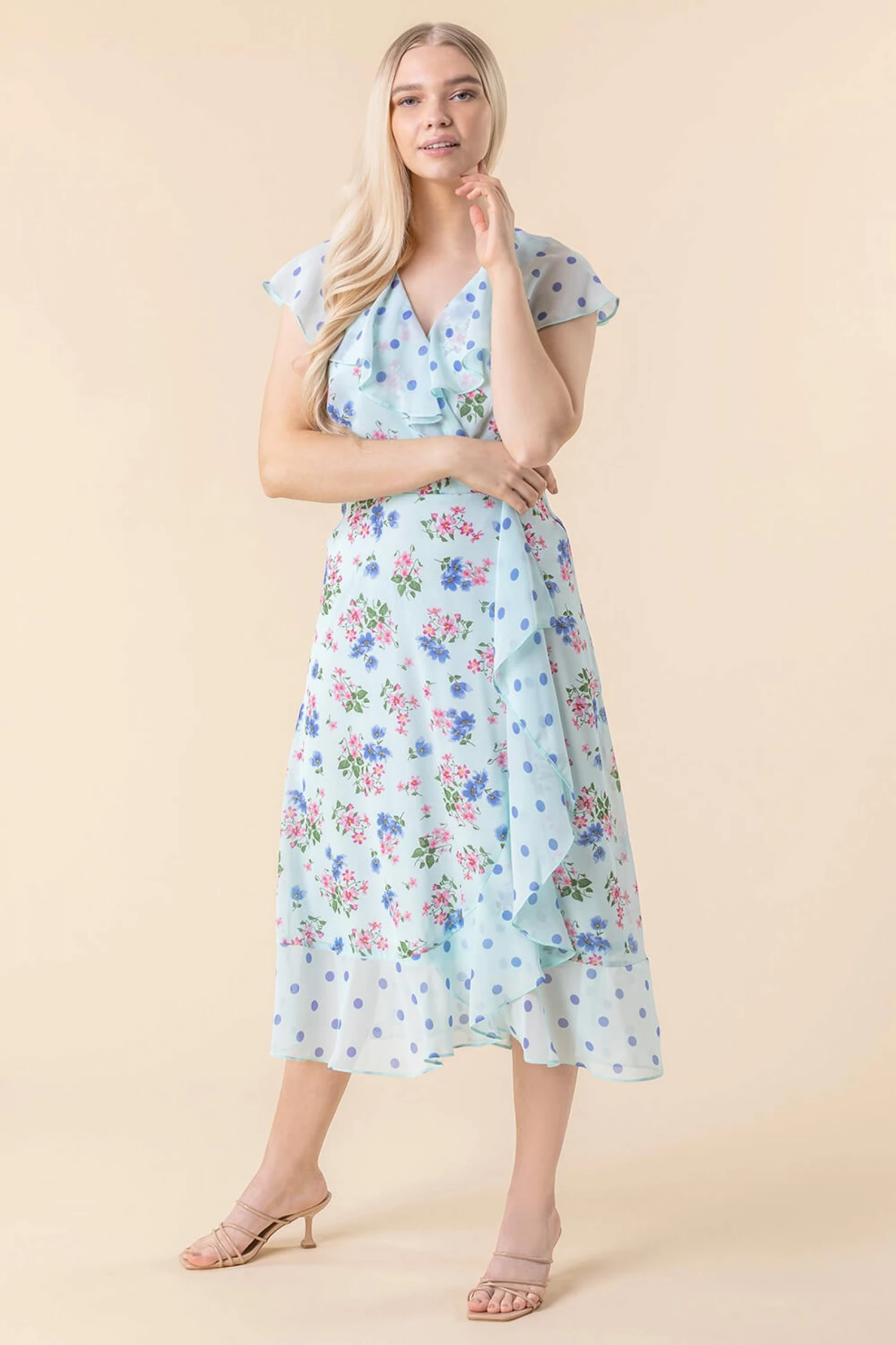 Roman Blue Floral Spot Print Frill Wrap Dress 5 Roman Blue Floral Spot Print Frill Wrap Dress - Image 3