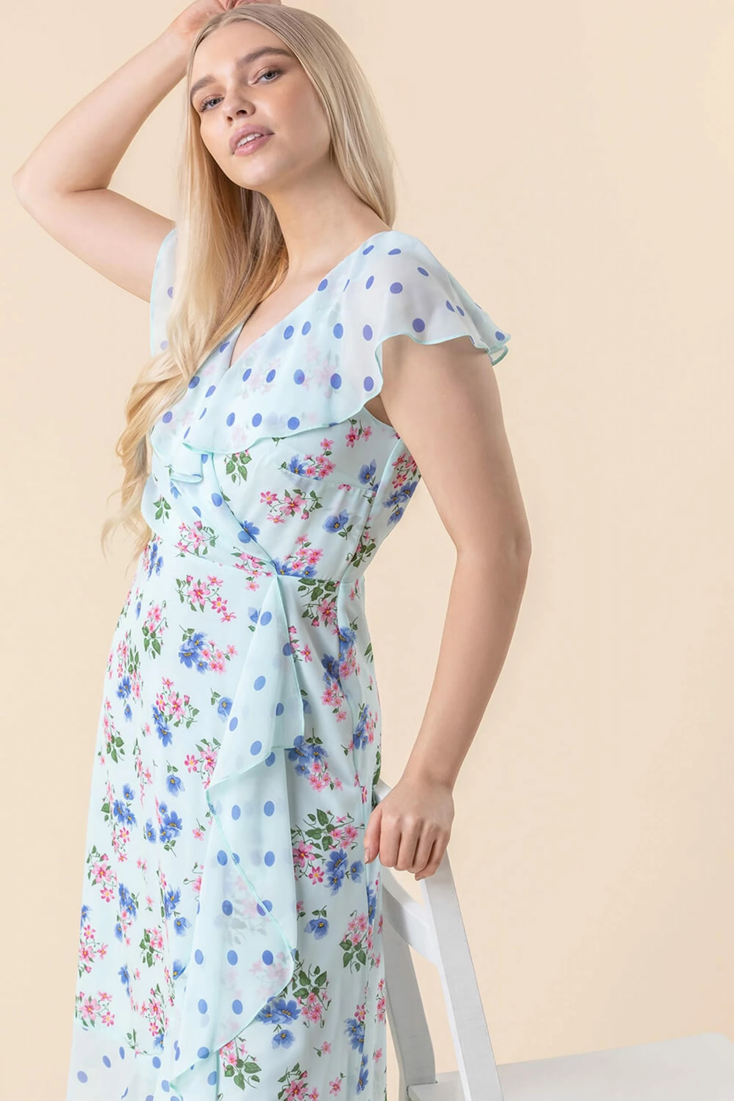 Roman Blue Floral Spot Print Frill Wrap Dress 6 Roman Blue Floral Spot Print Frill Wrap Dress - Image 4