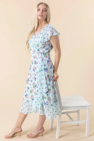 Roman Blue Floral Spot Print Frill Wrap Dress 7 Roman Blue Floral Spot Print Frill Wrap Dress - Image 5