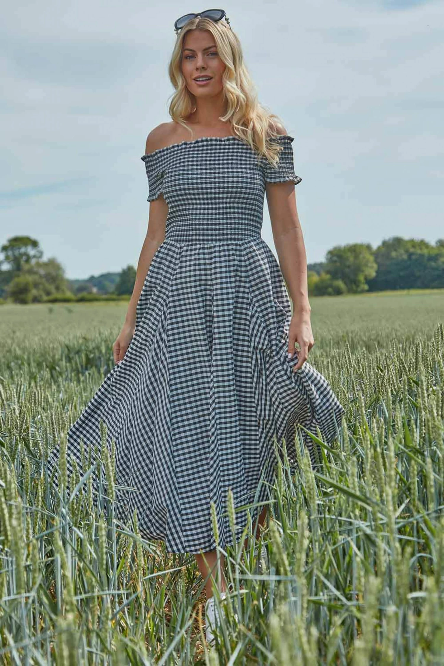 Roman Black Gingham Bardot Fit And Flare Dress 4 Roman Black Gingham Bardot Fit And Flare Dress - Image 2