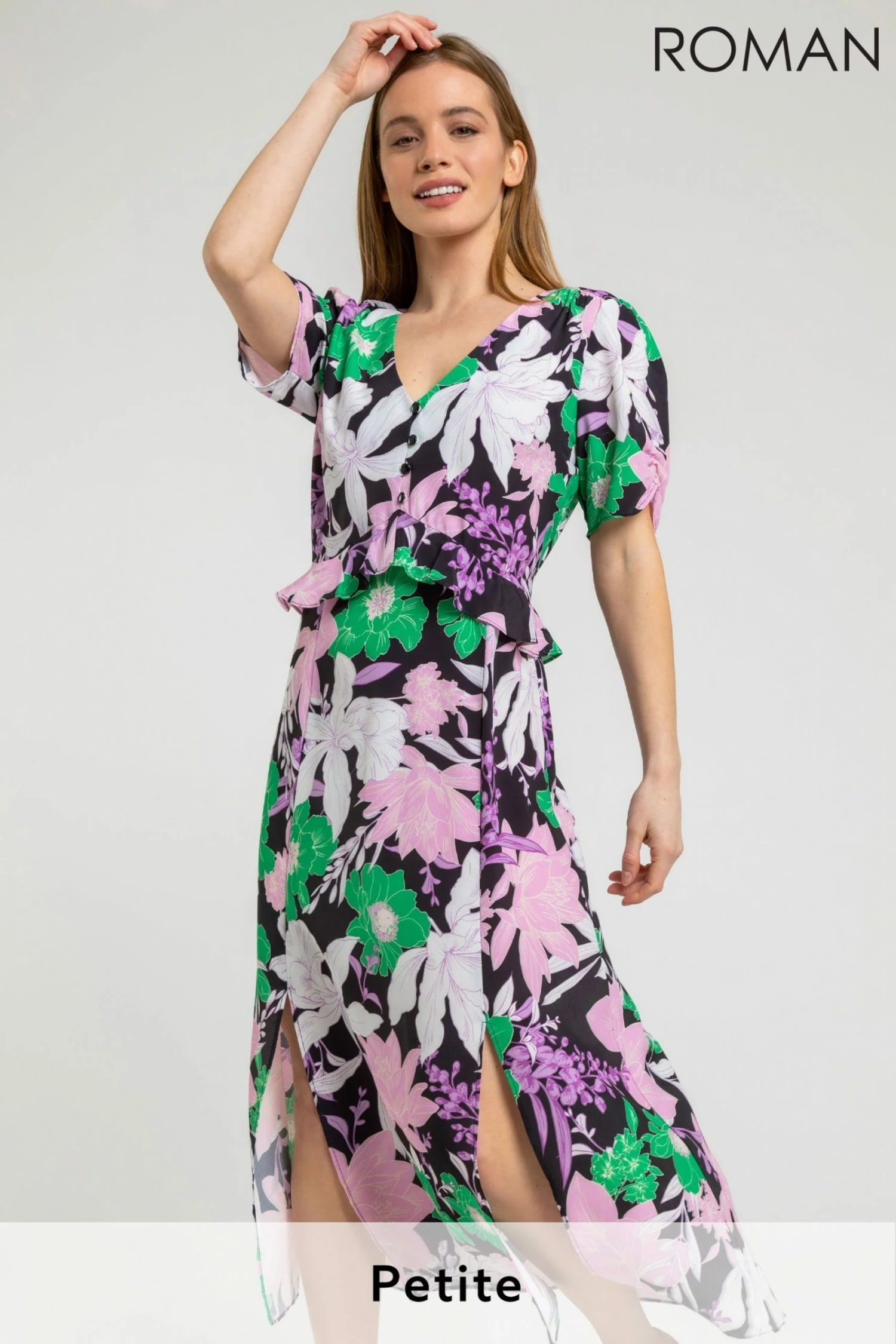 Roman Green Petite Frill Waist Floral Midi Dress 3 Roman Green Petite Frill Waist Floral Midi Dress