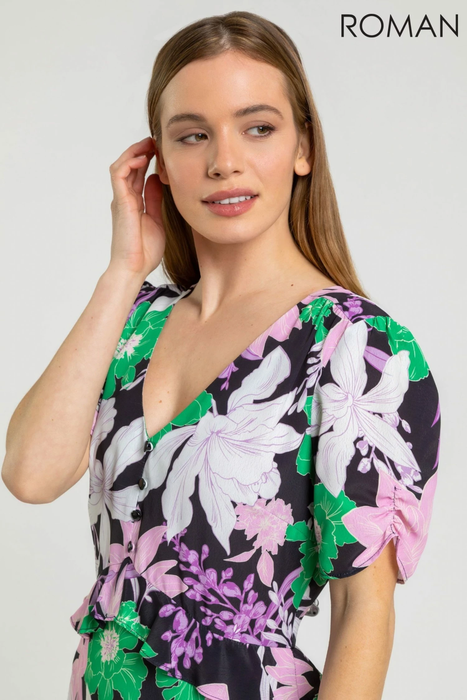 Roman Green Petite Frill Waist Floral Midi Dress 5 Roman Green Petite Frill Waist Floral Midi Dress - Image 3